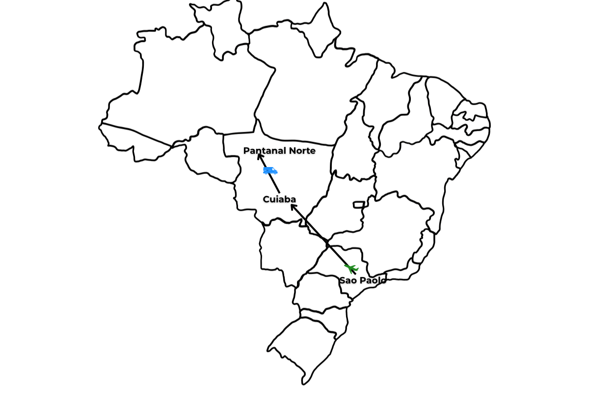 Simple map of Brazil showing the route from Sao Paolo to Cuiaba to Pantanal Norte with airplane and car icons.